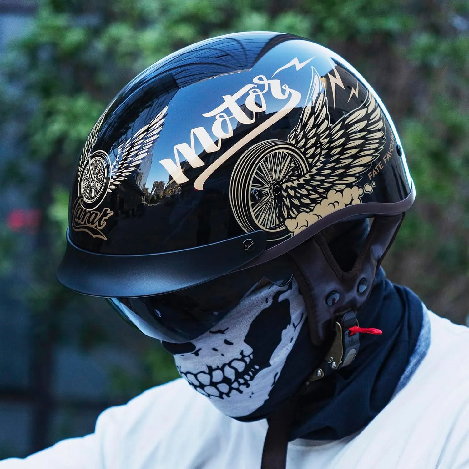 Motorcycle Half Helmet with Sun Visor, Quick Release Buckle, DOT Approved