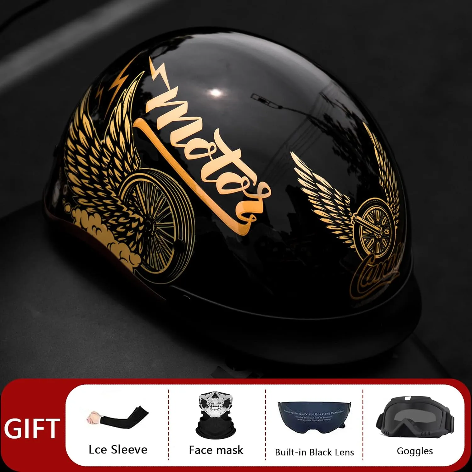 Motorcycle Half Helmet with Sun Visor, Quick Release Buckle, DOT Approved