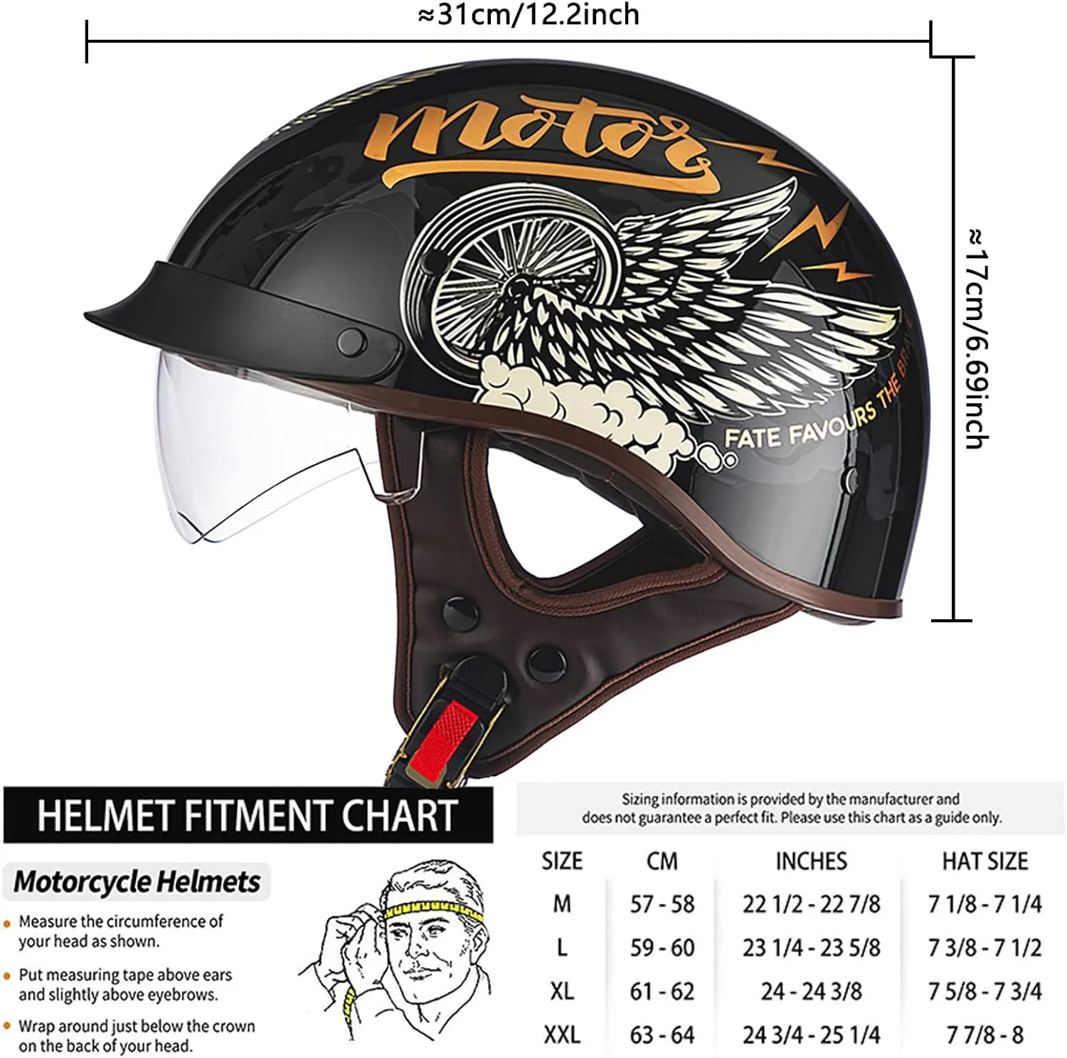 Motorcycle Half Helmet with Sun Visor, Quick Release Buckle, DOT Approved