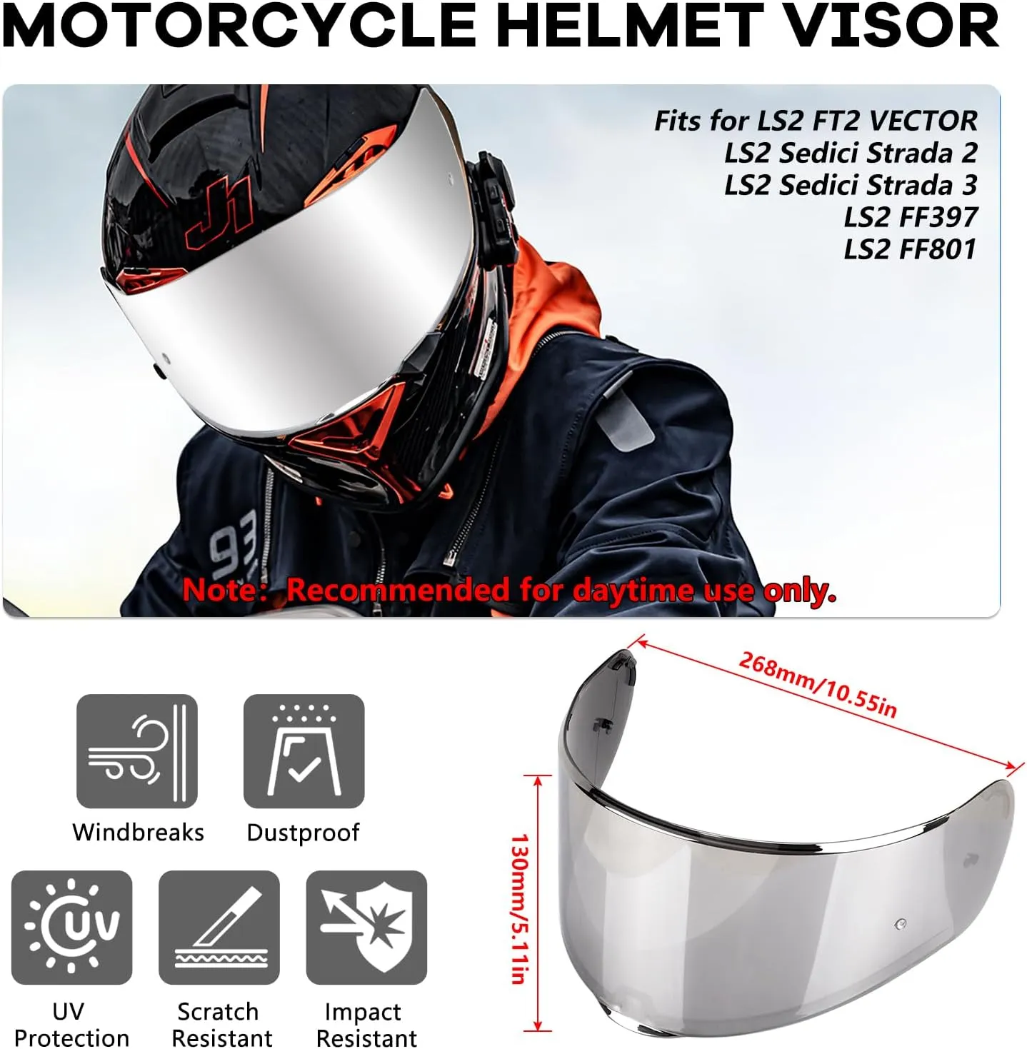 Motorcycle Helmet Visor for Sedici Strada 2 Strada 3 LS2 FT2 VECTOR FF801 FF397 with Anti-fog Rainproof Helmet Film Face Shield Motorcycle Helmet Accessories Visor Replacement (Red)