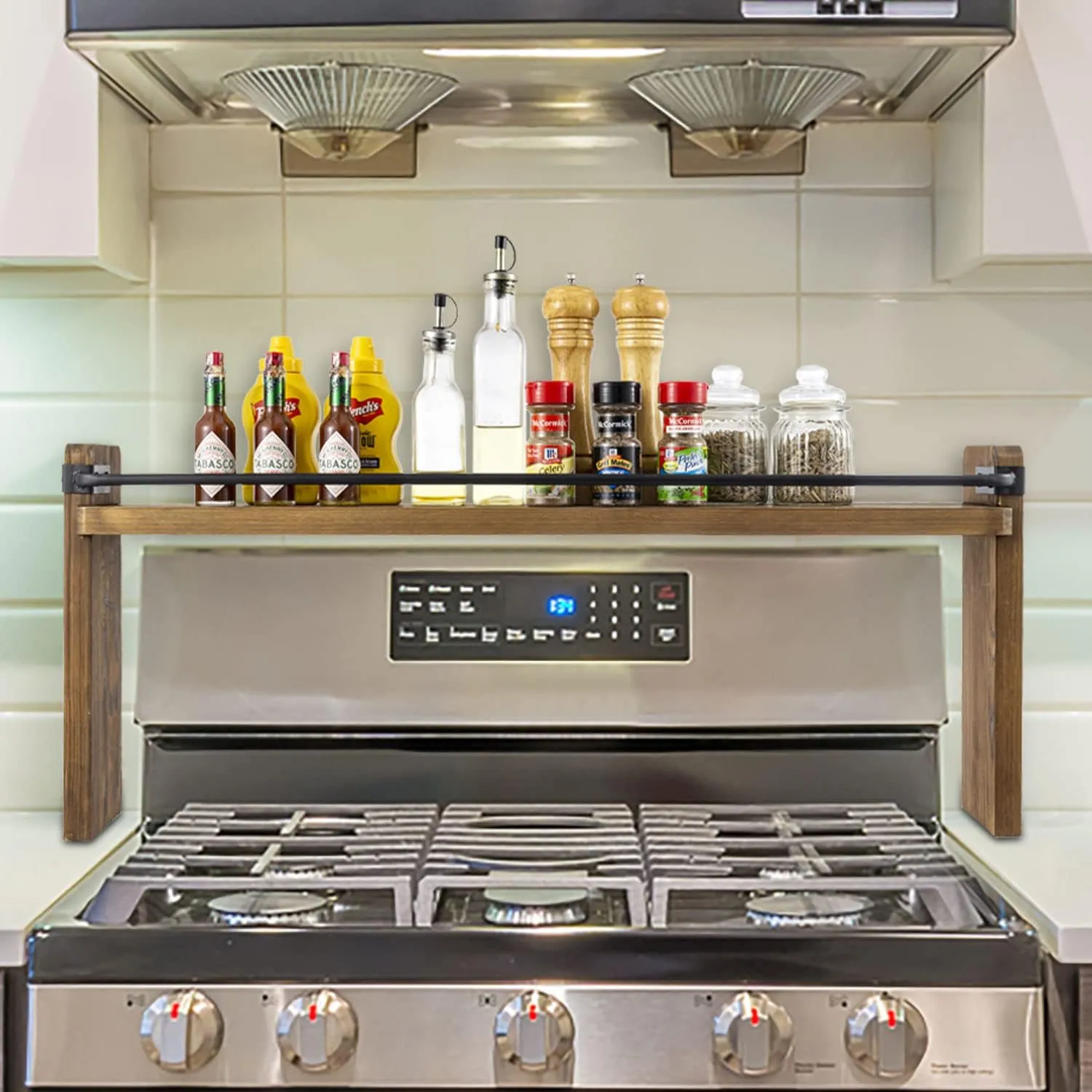 MyGift 33 Inch Stove Top Spice Rack - Deluxe Rustic Burnt Solid Wood and Industrial Black Metal Space Saving Over The Stovetop Range Storage Display Shelf