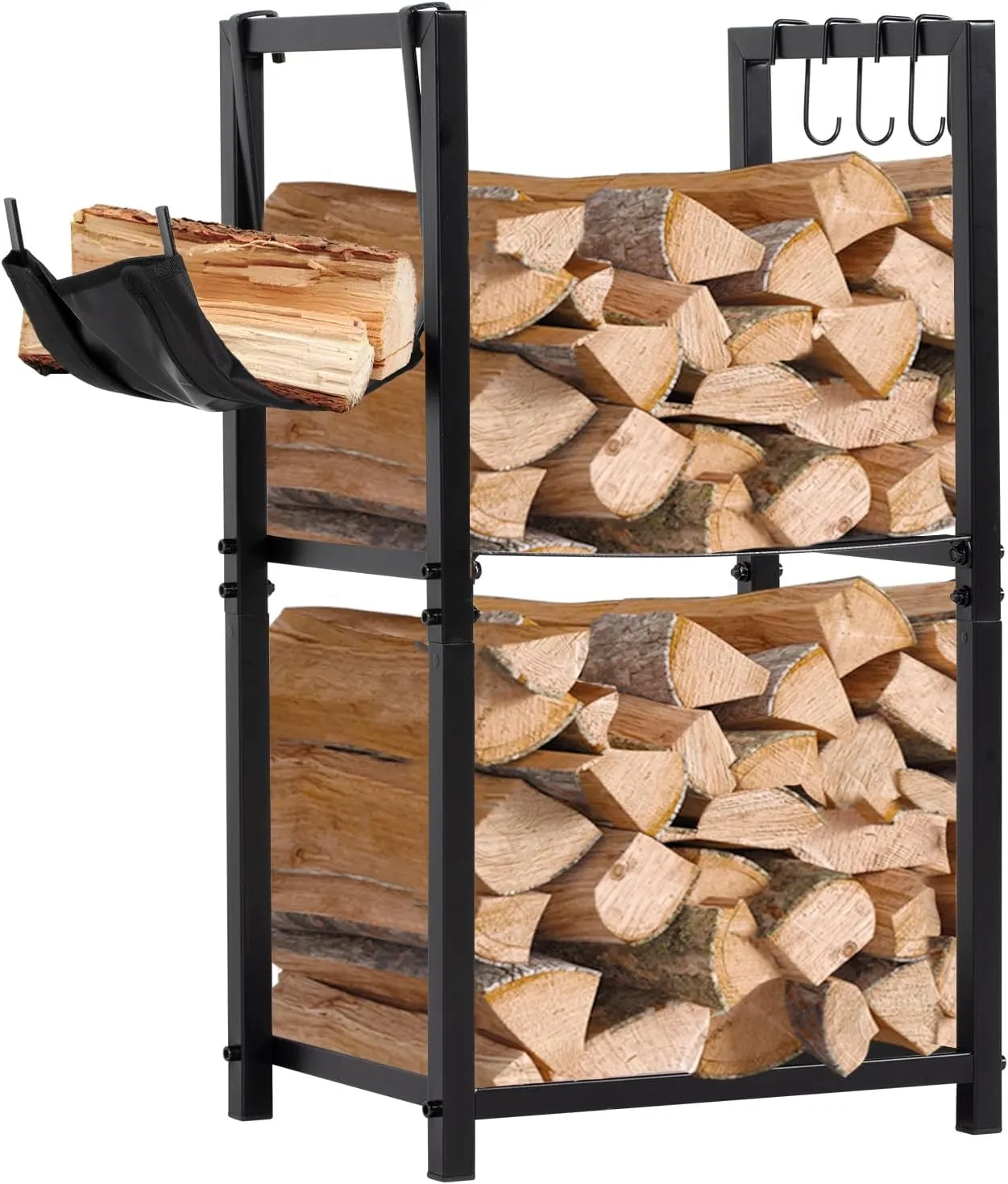 nalone Firewood Rack Indoor, Small Outdoor Firewood Log Storage Rack, 2-Tier Wood Holder with 6 Hooks, Firewood Stand for Indoor Fireplace, Outdoor Patio, Fire Pit, Stove