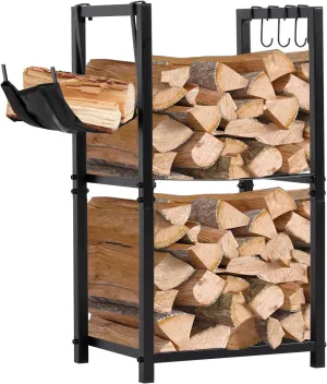 nalone Firewood Rack Indoor, Small Outdoor Firewood Log Storage Rack, 2-Tier Wood Holder with 6 Hooks, Firewood Stand for Indoor Fireplace, Outdoor Patio, Fire Pit, Stove