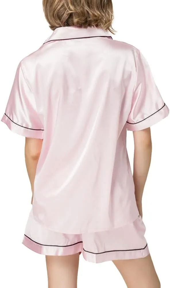 NANJUN Womens Silk Satin Pajamas Short Sleeve Sleepwear Bride Soft Button Down Loungewear 2 Piece Pjs Set XS-3XL