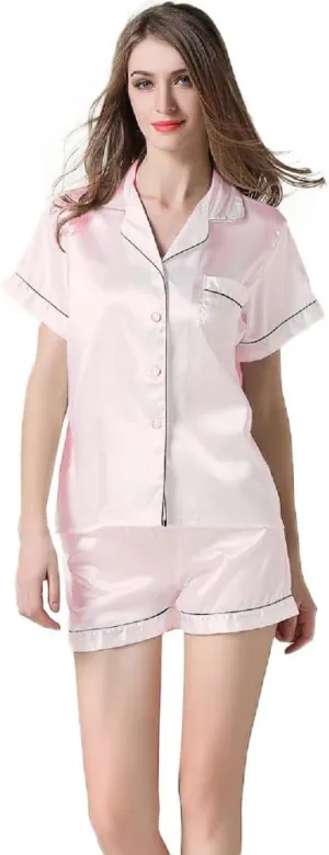 NANJUN Womens Silk Satin Pajamas Short Sleeve Sleepwear Bride Soft Button Down Loungewear 2 Piece Pjs Set XS-3XL