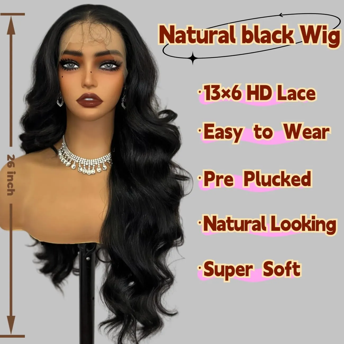 Natural Black 13×6 Lace Front Wig, 26 Inch HD Lace frontal Wavy Glueless Wigs,Synthetic Body Wavy Pre Plucked Wig with Baby Hair for Women Daily Party Use,Heat Resistant Fiber Wig