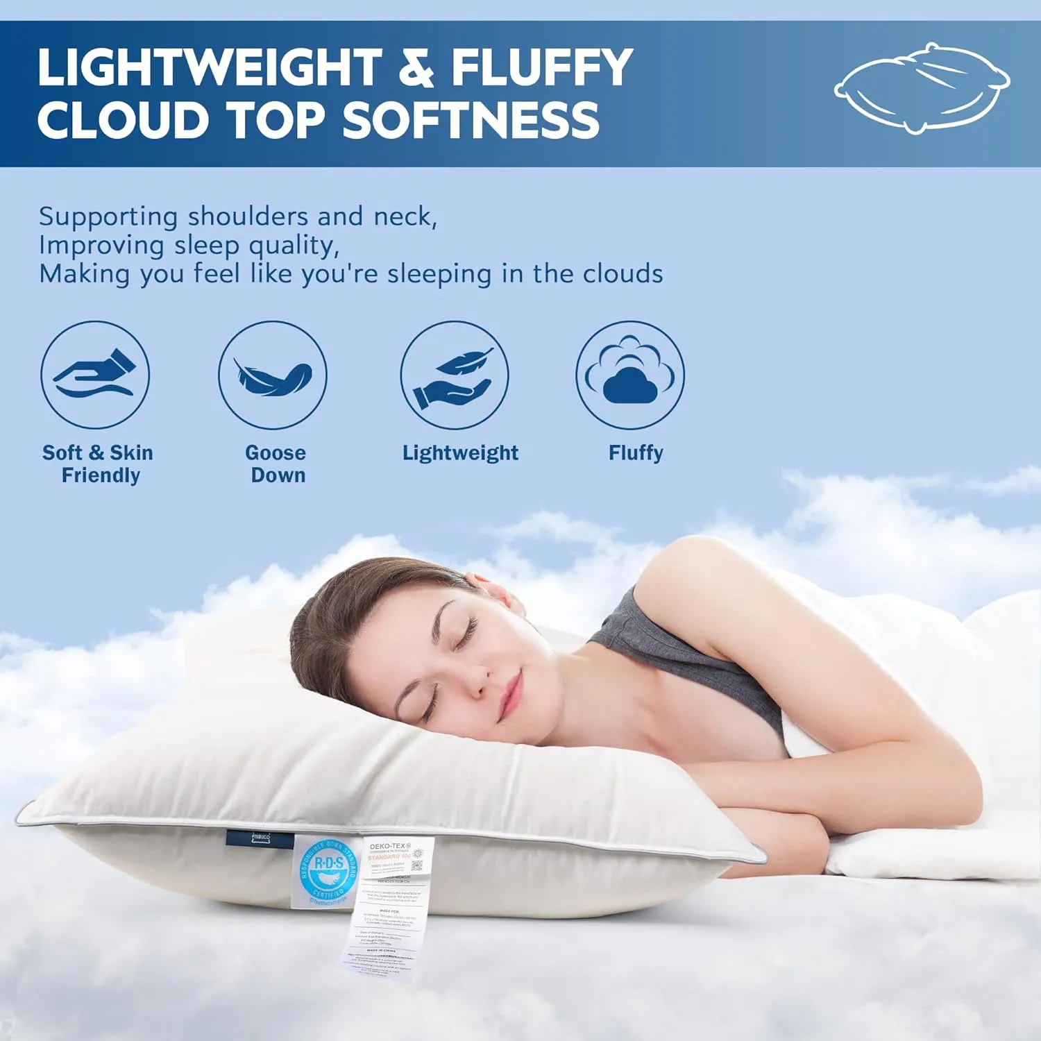 Natural Goose Down Pillows: Luxury Hotel Bed Pillow with 750 Fill Power, White Goose Down Sleeping Pillow with Pillowcase, Soft Pillow for Back, Side, Stomach Sleepers - 1 Pack, Queen (20" x 30")