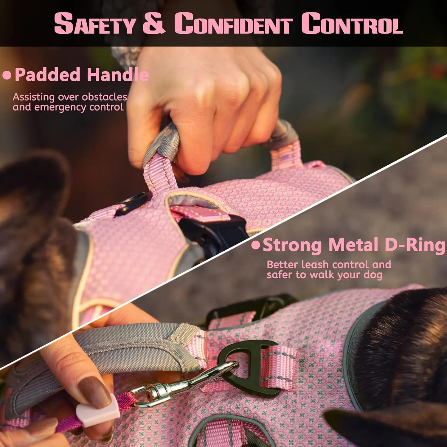 No Escape Dog Harness, Escape Proof Harness, Fully Reflective Harness with Padded Handle, Breathable,Durable, Adjustable Vest for Medium Dogs Walking, Training, and Running Gear (Pink, S)