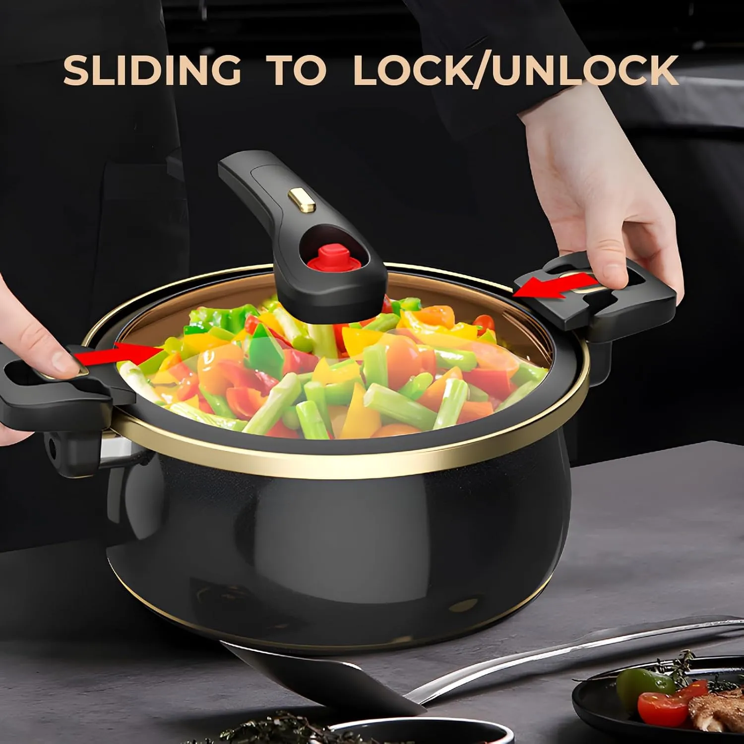 Nonstick Ceramic Coated Sauce Pan with Lid Black Crock Pot with Twist & Lock Handles, Micro Pressure Cooker Versatile Cookware for Stovetops, PFOA-Free Toxin-Free, Easy to Clean (RED, 7.5Quarts)
