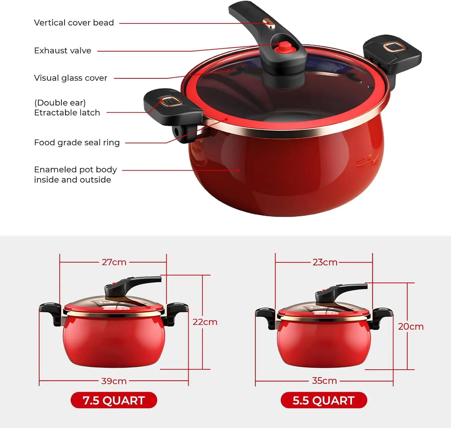 Nonstick Ceramic Coated Sauce Pan with Lid Black Crock Pot with Twist & Lock Handles, Micro Pressure Cooker Versatile Cookware for Stovetops, PFOA-Free Toxin-Free, Easy to Clean (RED, 7.5Quarts)