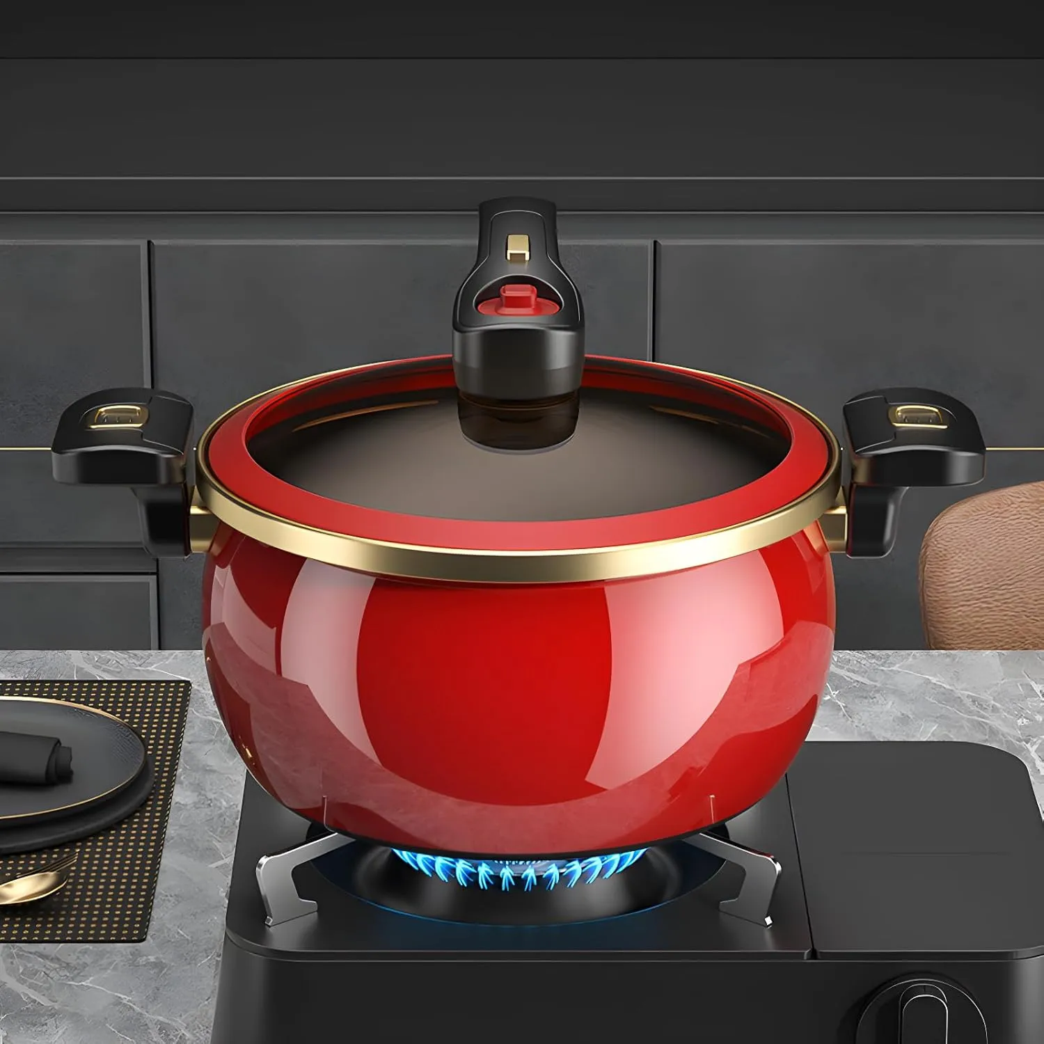 Nonstick Ceramic Coated Sauce Pan with Lid Black Crock Pot with Twist & Lock Handles, Micro Pressure Cooker Versatile Cookware for Stovetops, PFOA-Free Toxin-Free, Easy to Clean (RED, 7.5Quarts)