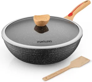 Nonstick Wok Aluminium Die-casting Chinese Wok, Scratch Resistant With Lid and Spatula, PFOA-Free, Dishwasher Safe & Induction Bottom,12.5 Inch,6L,Large Capacity