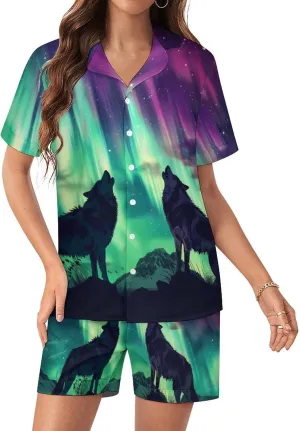 Northern Lights Wolf Women's Satin Pajama Set Short Sleeve Button Down Sleepwear Loungewear Pj Set