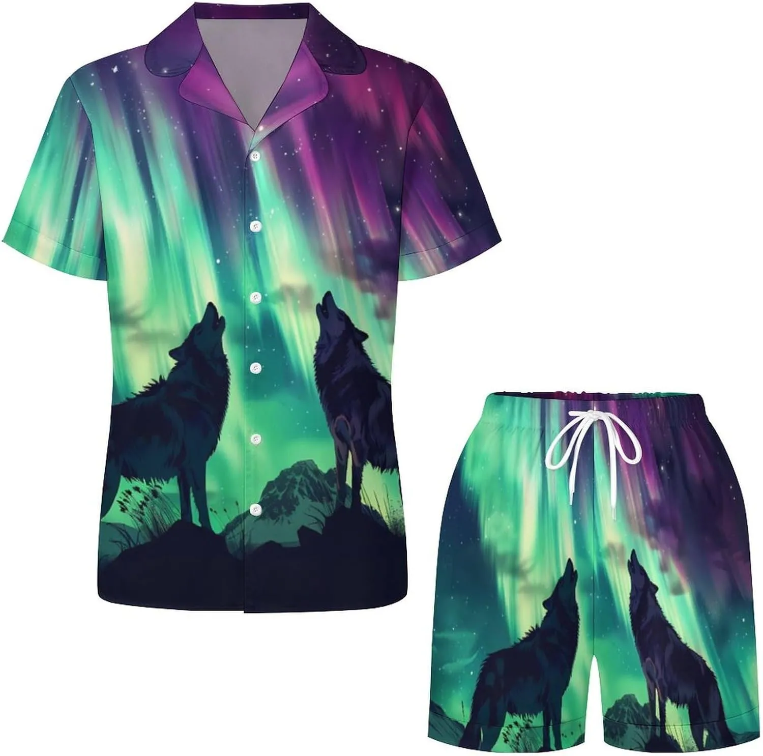 Northern Lights Wolf Women's Satin Pajama Set Short Sleeve Button Down Sleepwear Loungewear Pj Set