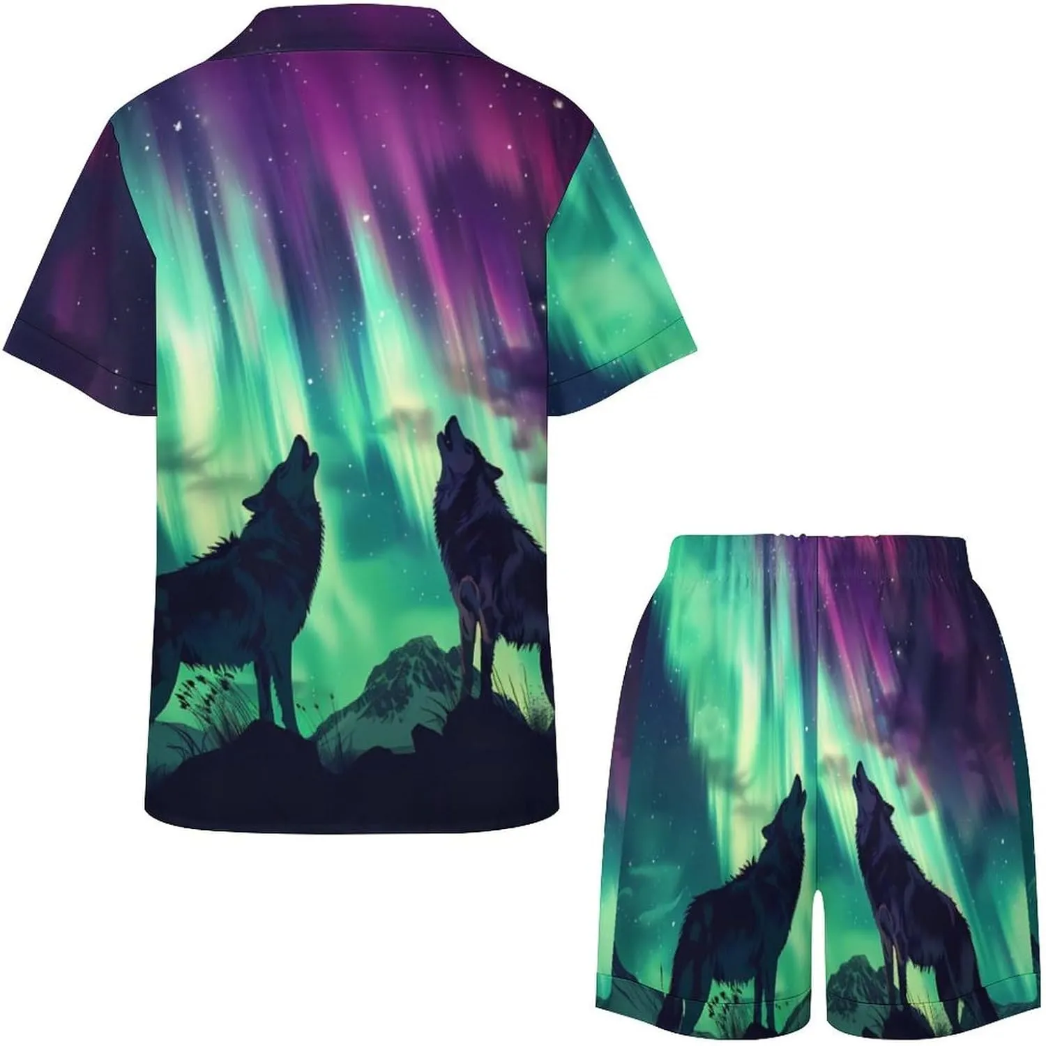 Northern Lights Wolf Women's Satin Pajama Set Short Sleeve Button Down Sleepwear Loungewear Pj Set