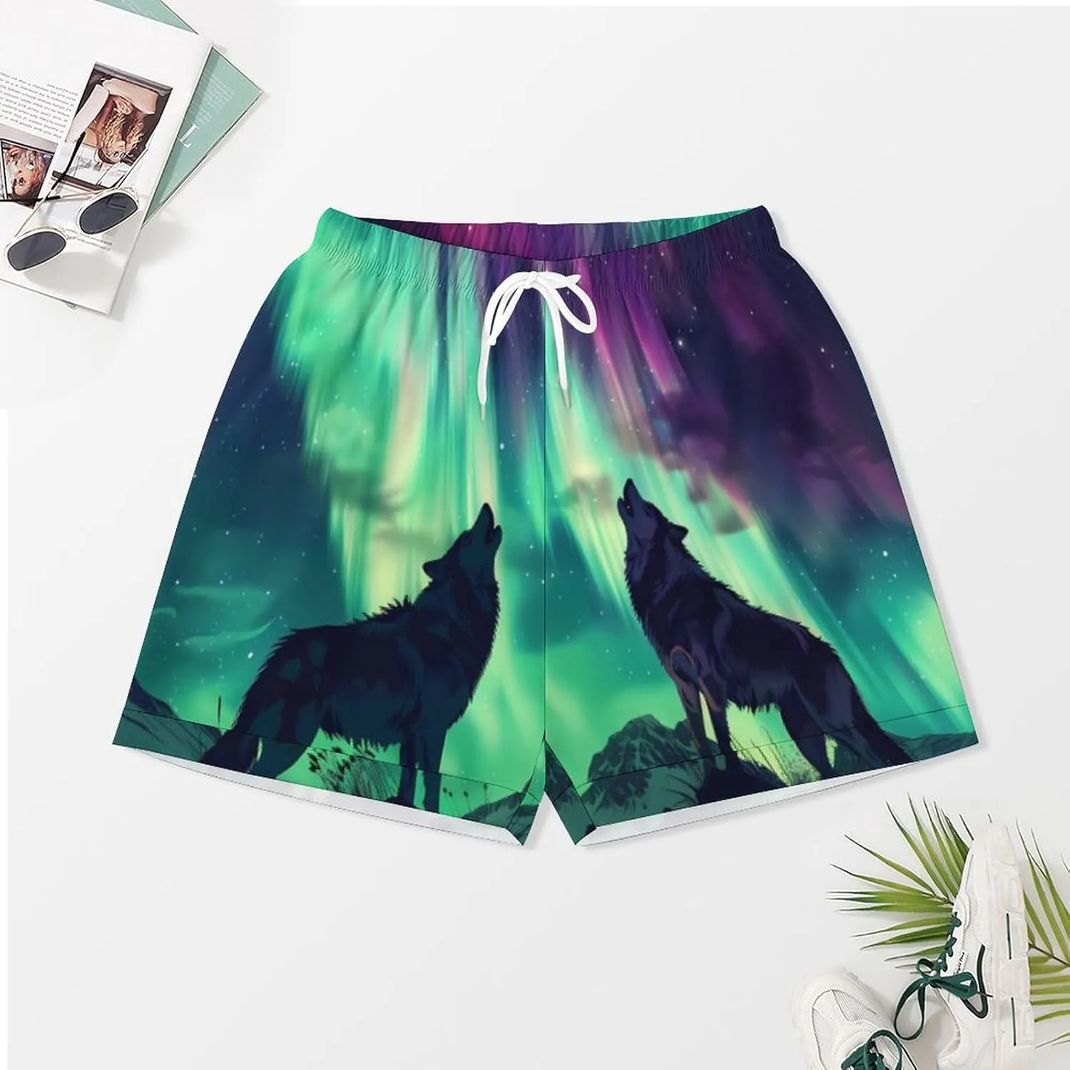 Northern Lights Wolf Women's Satin Pajama Set Short Sleeve Button Down Sleepwear Loungewear Pj Set