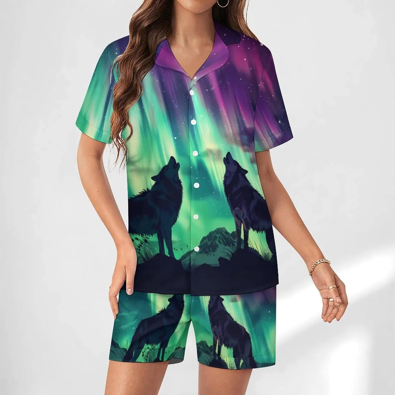 Northern Lights Wolf Women's Satin Pajama Set Short Sleeve Button Down Sleepwear Loungewear Pj Set