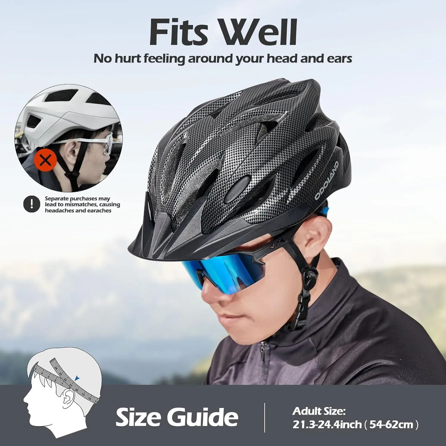 Odoland Bike Helmet Cycling Sunglasses Set for Adult, Adjustable Lightweight Cycling Bicycle Helmet for Mountain Road Bike Men Women