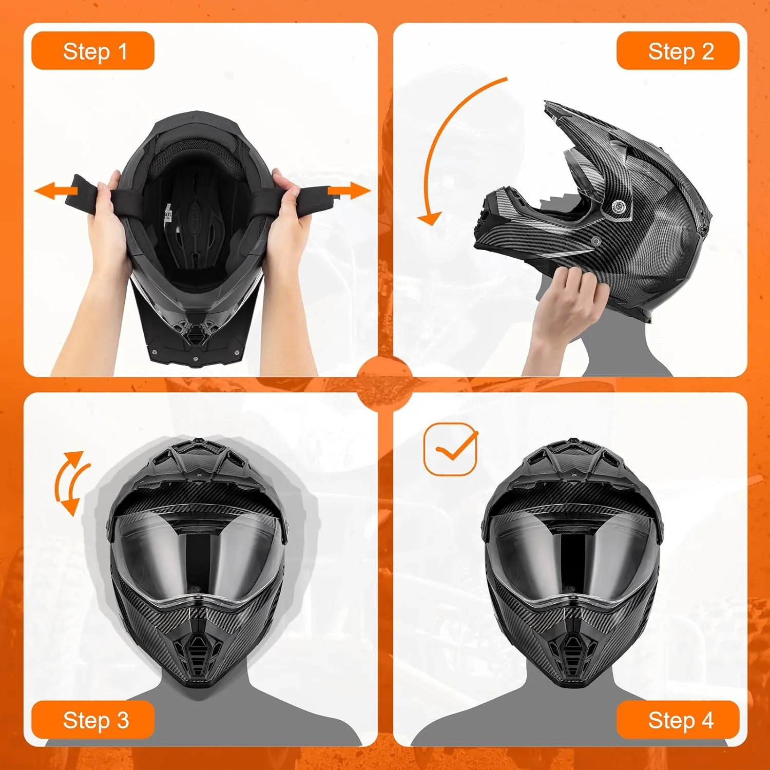 Off Road Motorcycle Dual Sport Helmet Full Face Helmet Dual Visor Dirt Bike ATV Motocross Helmet with Mask & Gloves for Unisex-Adult-Adult-Carbon Fiber Black, L