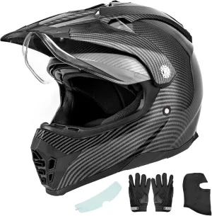Off Road Motorcycle Dual Sport Helmet Full Face Helmet Dual Visor Dirt Bike ATV Motocross Helmet with Mask & Gloves for Unisex-Adult-Adult-Carbon Fiber Black, L