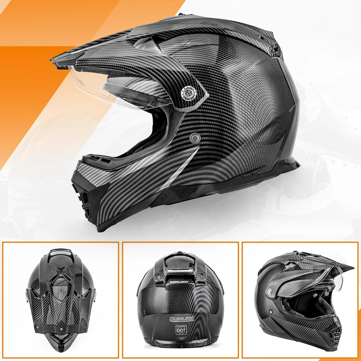 Off Road Motorcycle Dual Sport Helmet Full Face Helmet Dual Visor Dirt Bike ATV Motocross Helmet with Mask & Gloves for Unisex-Adult-Adult-Carbon Fiber Black, L