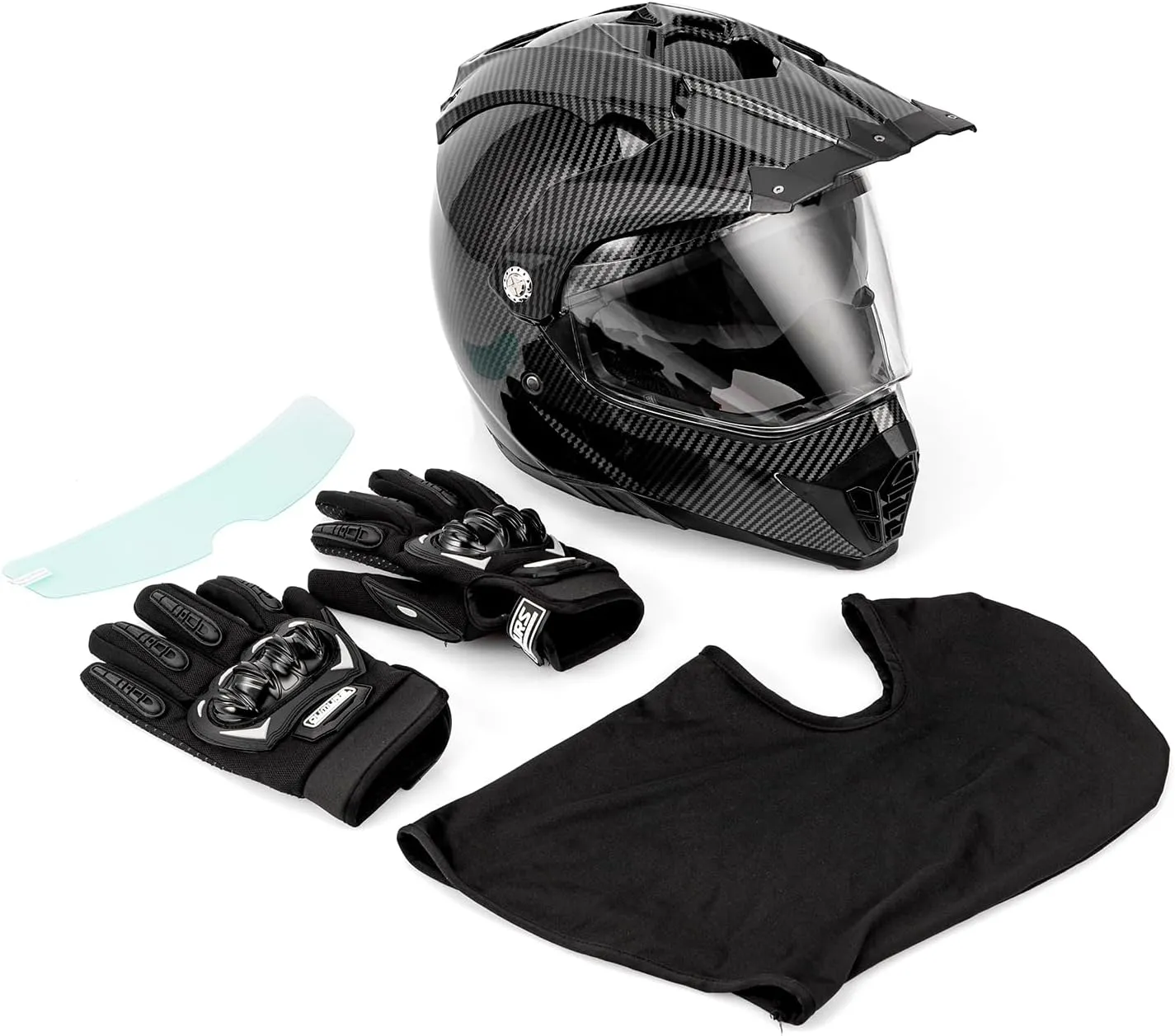Off Road Motorcycle Dual Sport Helmet Full Face Helmet Dual Visor Dirt Bike ATV Motocross Helmet with Mask & Gloves for Unisex-Adult-Adult-Carbon Fiber Black, L