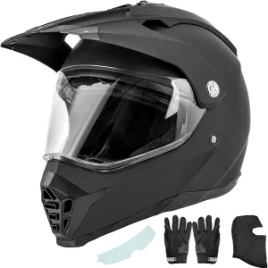 Off Road Motorcycle Dual Sport Helmet Full Face Helmet Dual Visor Dirt Bike ATV Motocross Helmet with Mask & Gloves for Unisex-Adult-Matte Black, L
