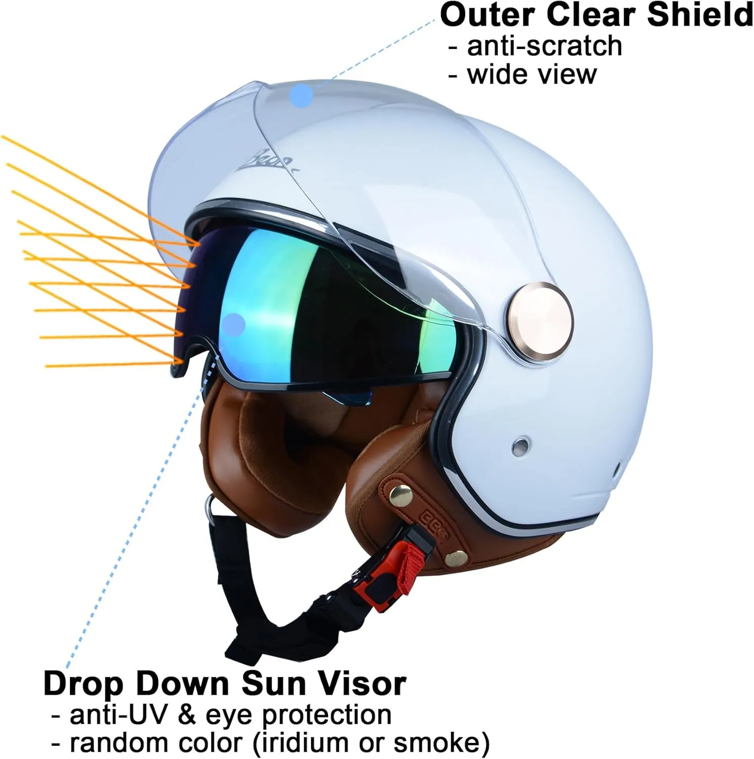 Open Face Motorcycle Helmet for Adults, DOT Approved,3/4 Retro Vespa Helmet, Dual Visors Men's and Women's Motorbike Casco for Moped Cruiser Bobber and Chopper