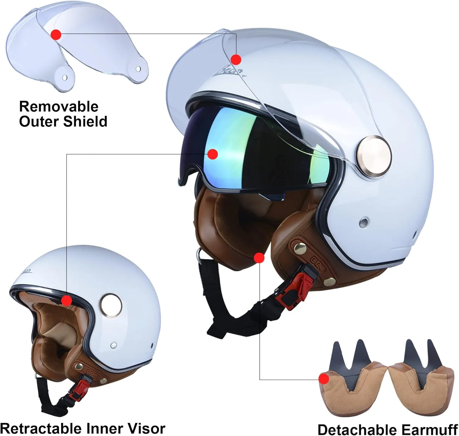 Open Face Motorcycle Helmet for Adults, DOT Approved,3/4 Retro Vespa Helmet, Dual Visors Men's and Women's Motorbike Casco for Moped Cruiser Bobber and Chopper