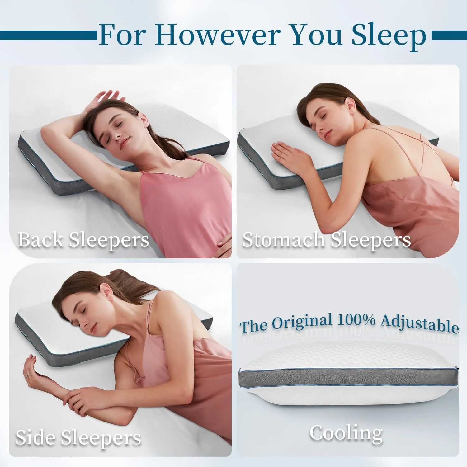 Original Adjustable Firm Pillow, Unique Bed Pillows for Sleeping,Comfort for Neck and Shoulder Pain - 750 Fill Power Down & 42D High Density Memory Foam Filling for Side,Back, Stomach Sleepers