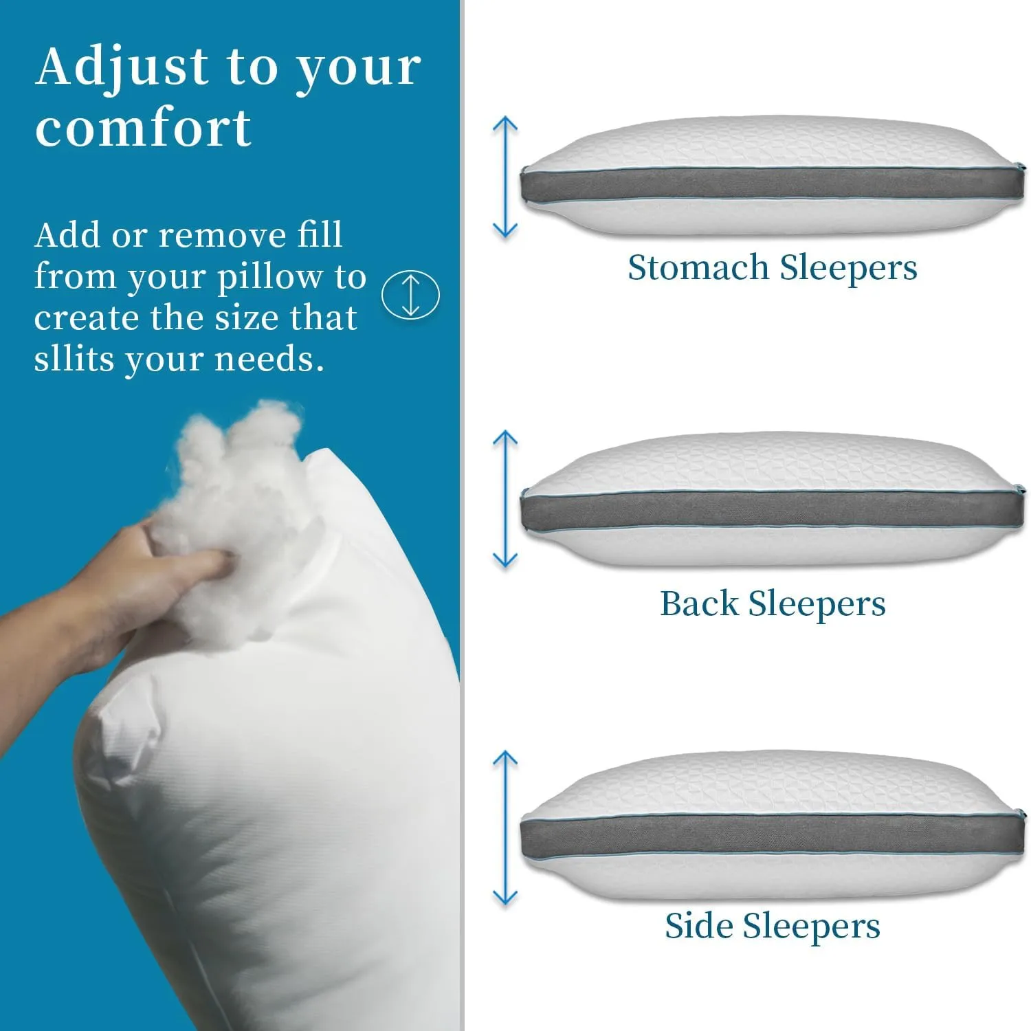 Original Adjustable Firm Pillow, Unique Bed Pillows for Sleeping,Comfort for Neck and Shoulder Pain - 750 Fill Power Down & 42D High Density Memory Foam Filling for Side,Back, Stomach Sleepers