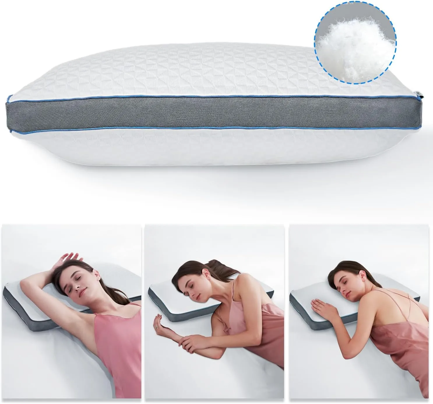 Original Adjustable Firm Pillow, Unique Bed Pillows for Sleeping,Comfort for Neck and Shoulder Pain - 750 Fill Power Down & 42D High Density Memory Foam Filling for Side,Back, Stomach Sleepers
