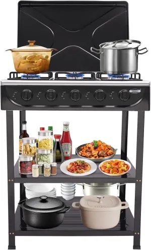 Outdoor Portable Gas Stove With Support Leg Stand, Wind Shield, Manual Ignition - 5 Burners Black for RV Backyard Camping