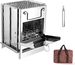 Outdoor Stove,YIWENG Folding Wood Burning Stove Blowpipe Kit Mini BBQ Grill with Carry Bag for Backpacking Hiking Camping Cooking, Silver
