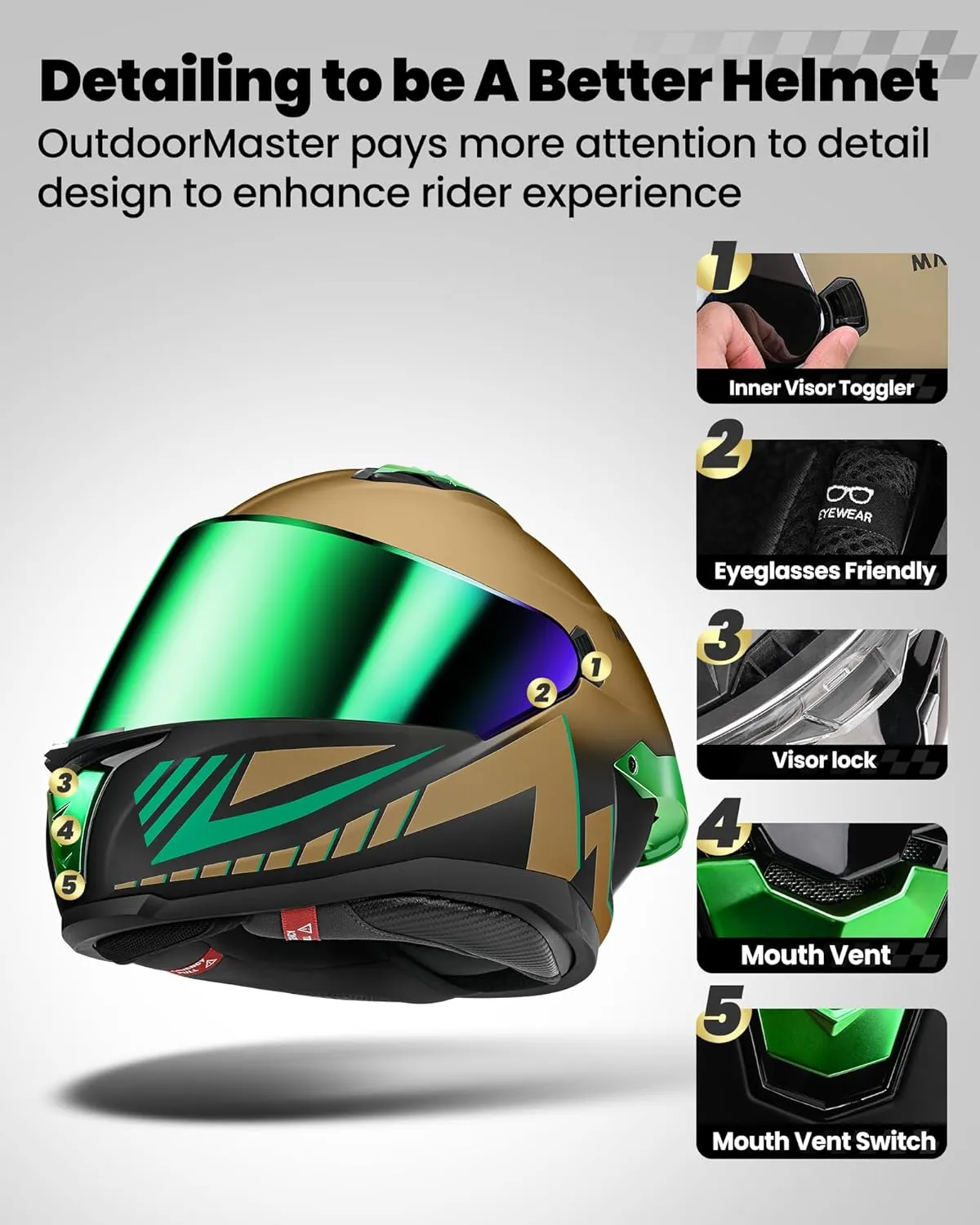 OutdoorMaster Full Face Dual Visor Adult Motorcycle Helmet for Motorbike Street Bike with Pinlock Ready DOT Approved