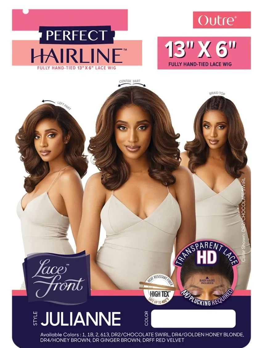 Outre LACEFRONT PERFECT HAIR LINE Glamorous Wavy Fully Hand-Tied 13”x 6” Frontal HD Baby Hair Transparent Lace Easy-to-Style Heat Friendly - JULIANNE (DR4/HNBRN)