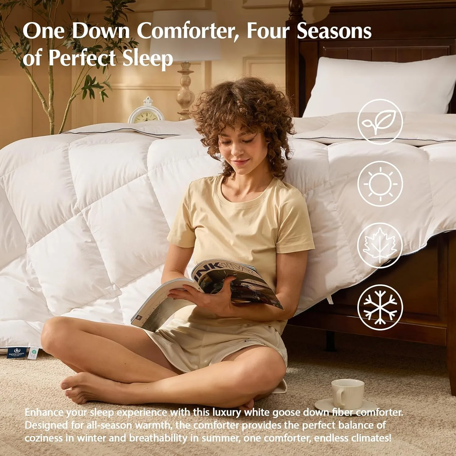 Pacific Coast Down Comforters King Size, 100% Cotton Duvet Insert, Extra Fluffy White Comforter, Ultra-Soft, Breathable, All Season Hotel Luxury Bedding Comforters, 8 Corner & Center Loops (106"x90")