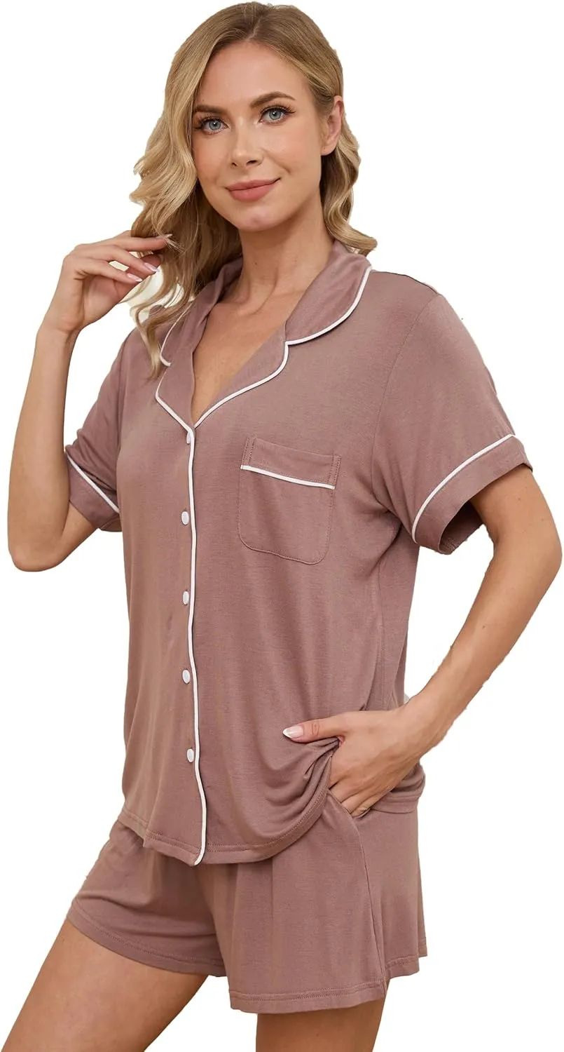 Pajama Sets for Women 2 Piece Soft Button Down Pj Sets Sleepwear Short Sleeve Loungewear Shorts with Pockets, S-XXL