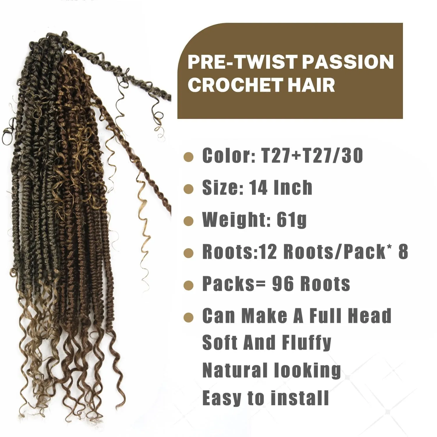 Passion Twist Hair 14inch Passion Twist Crochet Hair Short Bohemian Braiding Hair Pre Looped Passion Twist Crochet Braids Soft Pre Looped Curly Crochet Hair Faux Locs Passion Twist Hair for Women 96pc