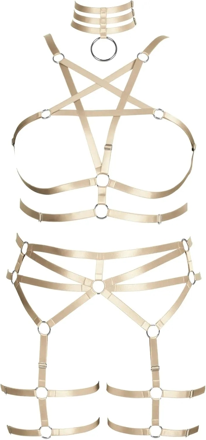 Pentagram Plus Size Women's Body Harness Punk Full Cage Bra Set Hollow Out Adjustable Gothic Dance Festival Rave