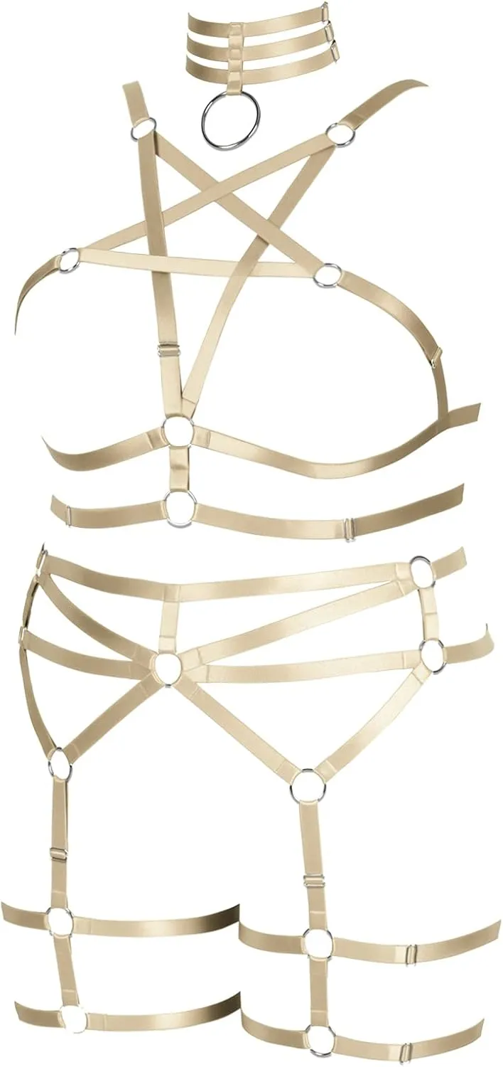 Pentagram Plus Size Women's Body Harness Punk Full Cage Bra Set Hollow Out Adjustable Gothic Dance Festival Rave