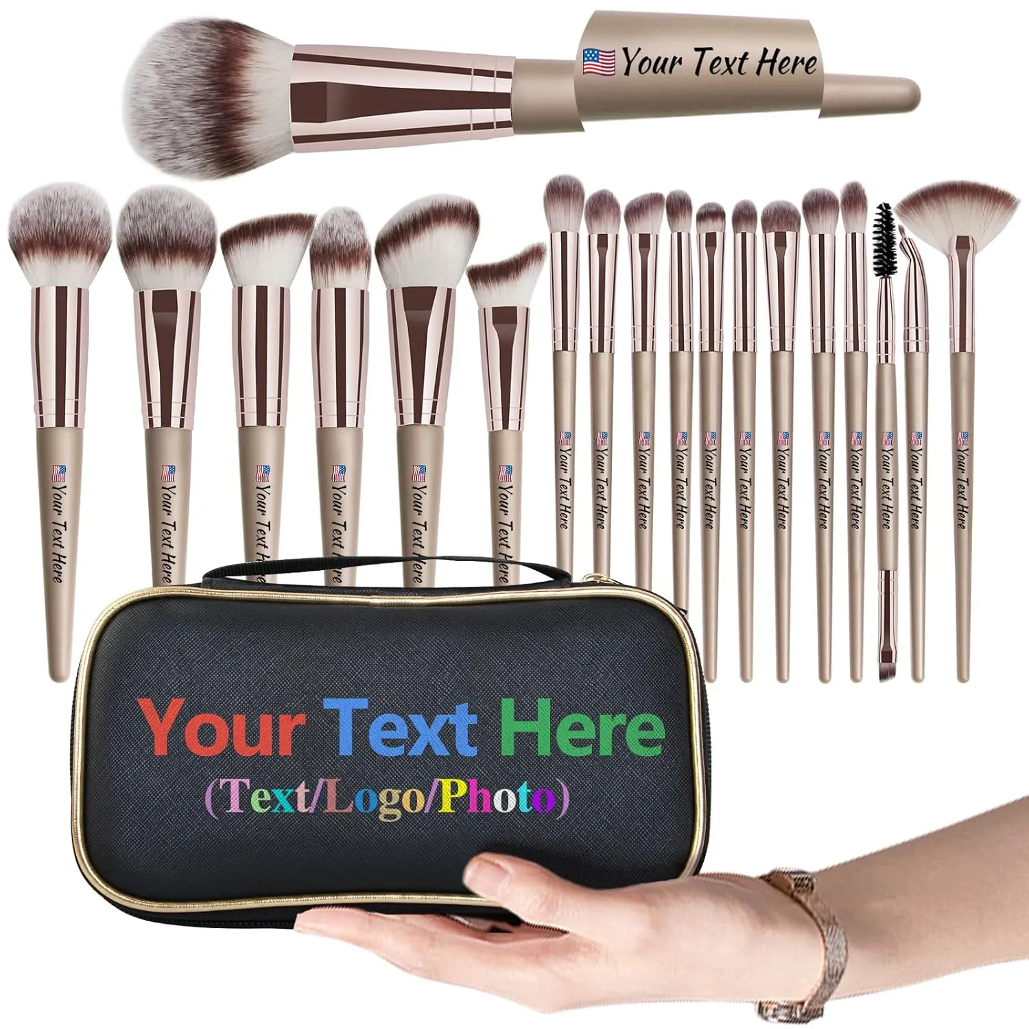 Personalized Gift Custom Makeup Brush Set with Custom Brush Case, 18 Pcs Premium Synthetic Personalized Makeup Brushes Foundation Eyeshadow Brush Powder Blush Concealers Brush Set(Champagne)