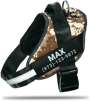 Personalized No-Pull Dog Harness with Name Patch, Adjustable, Reflective, Padded, Heavy Duty Pet Vest to Prevent Tugging, Pulling, or Choking, Training and Walking, Military Desert, XS