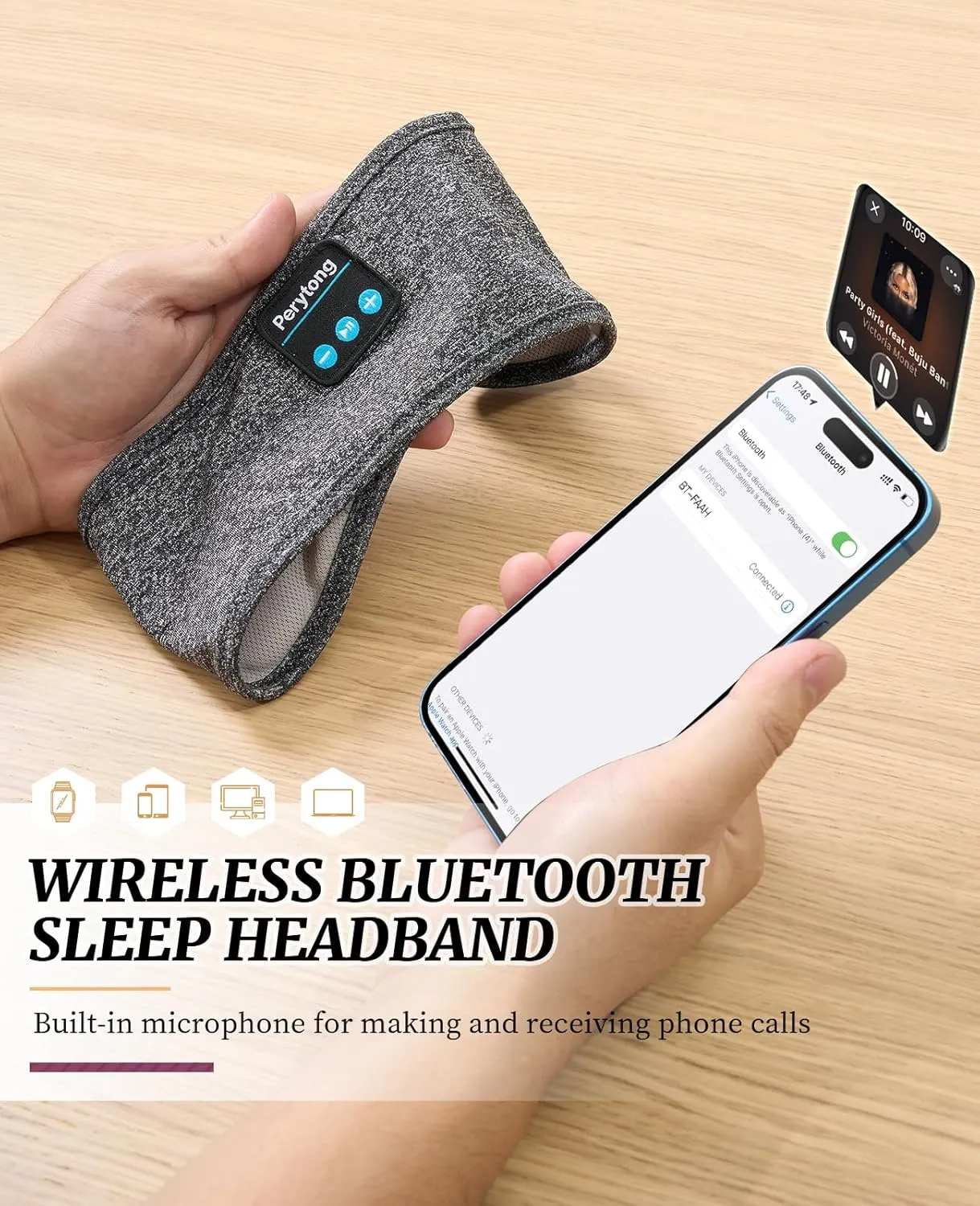 Perytong Sleep Headphones Wireless, Bluetooth Sports Headband Headphones with Ultra-Thin HD Stereo Speakers Perfect for Sleeping,Workout,Jogging,Yoga,Insomnia, Air Travel, Meditation