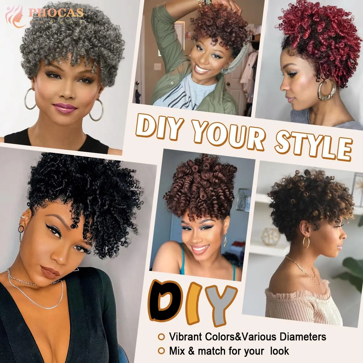 PHOCAS 5Packs Synthetic Curly Short Crochet Hair for Women 10inch 12MM Bouncy Curly Crochet Hair for DIY Crochet Braids Hair(Black to Brown)