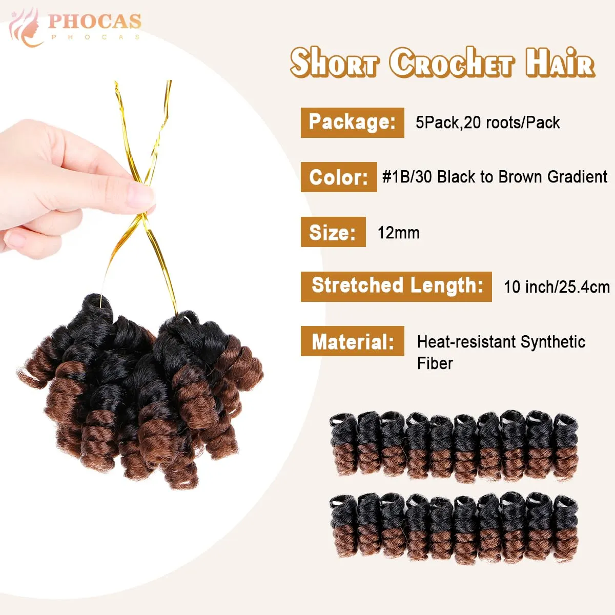 PHOCAS 5Packs Synthetic Curly Short Crochet Hair for Women 10inch 12MM Bouncy Curly Crochet Hair for DIY Crochet Braids Hair(Black to Brown)