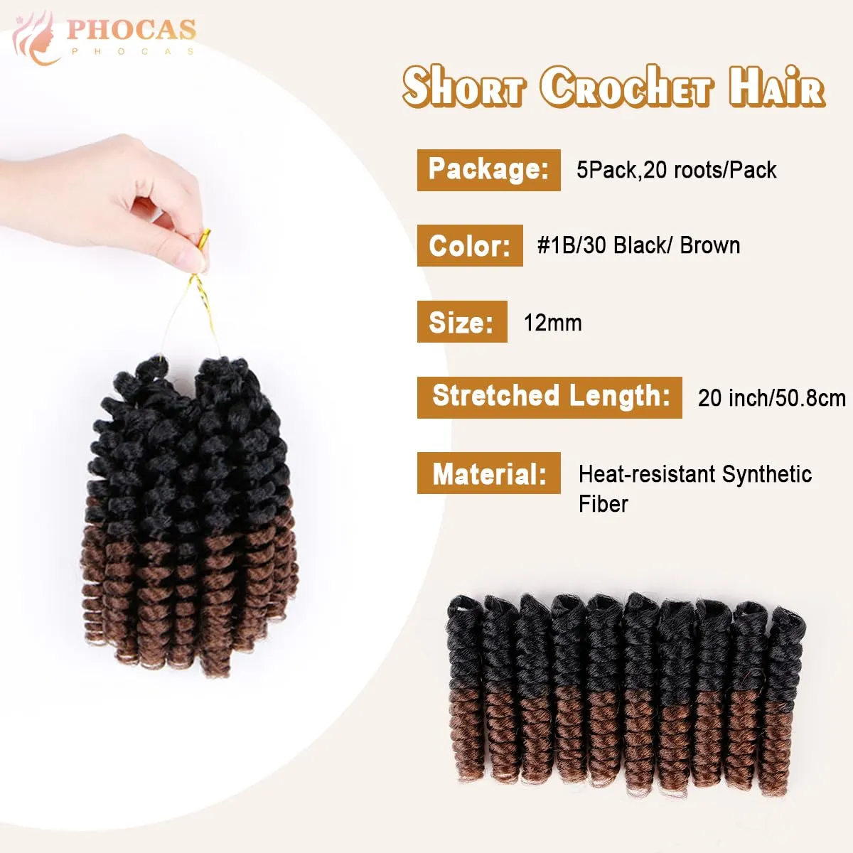 PHOCAS HairPhocas 5 Packs Synthetic Curly Crochet Hair 20 inch 20roots/pack for Crochet Braids Hair(Black to Brown)