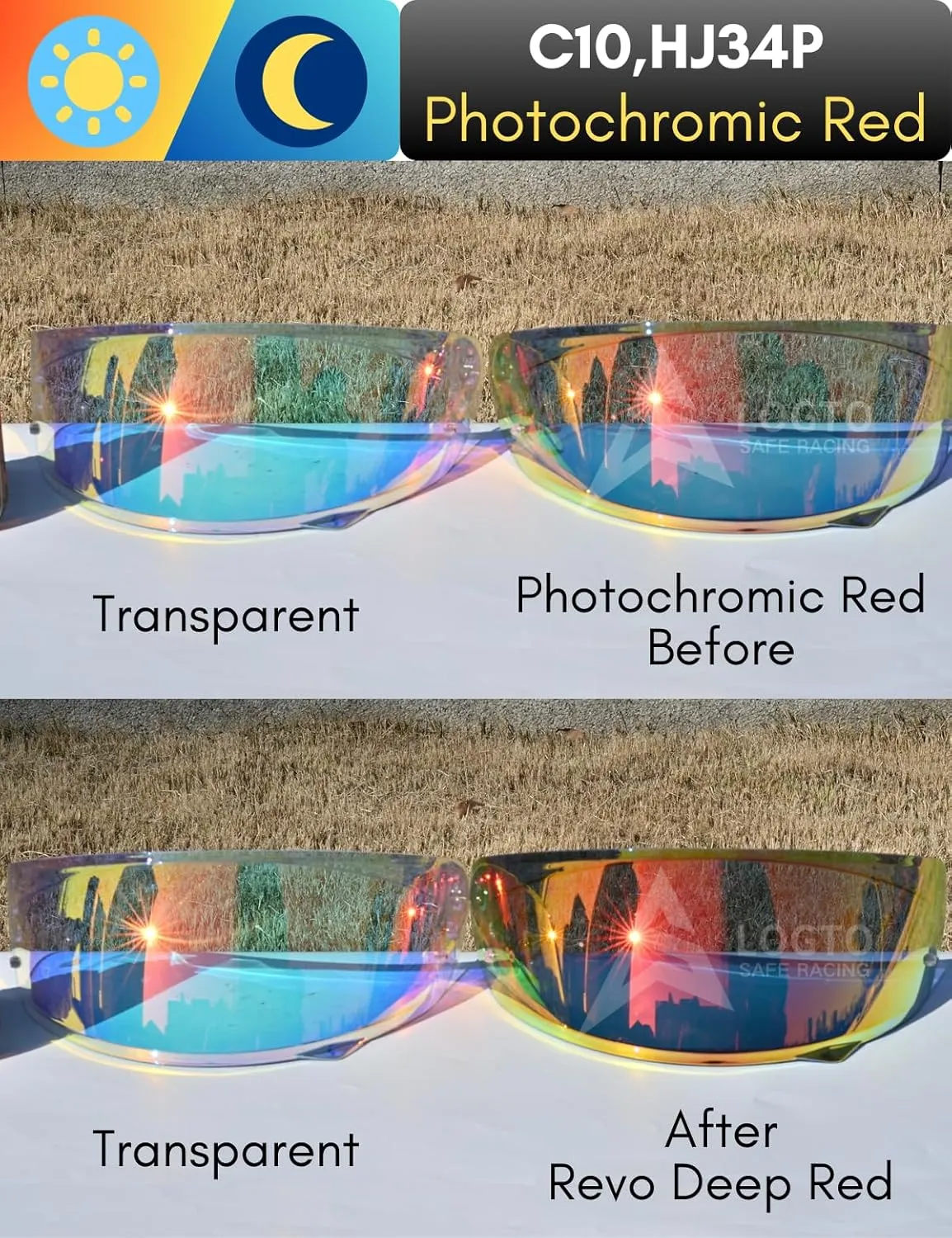 Photochromic Visor Compatible With i10,i70,HJ-31,RPHA 11,C10,HJ 34P Replacement Transition Motor Helmet Face Shield (C10,HJ 34P Clear Red To Gold Red)