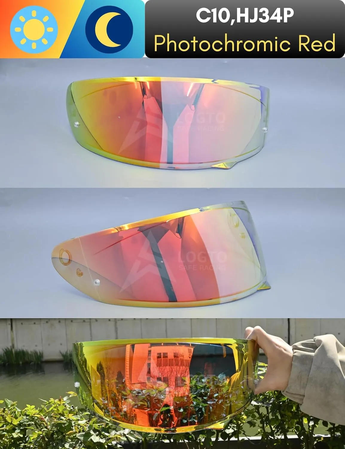 Photochromic Visor Compatible With i10,i70,HJ-31,RPHA 11,C10,HJ 34P Replacement Transition Motor Helmet Face Shield (C10,HJ 34P Clear Red To Gold Red)
