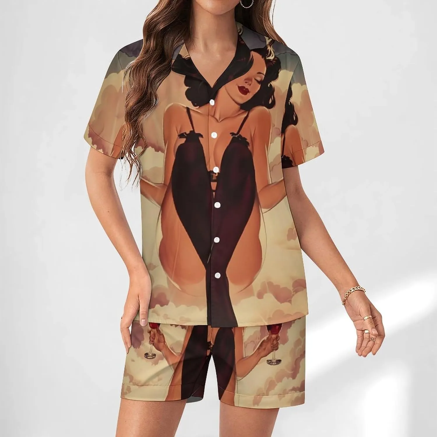 Pin Up Girl Alcohol Cheers Women's Satin Pajama Set Short Sleeve Button Down Sleepwear Loungewear Pj Set